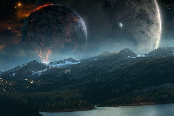 Art fantasy world of the planet on the background
