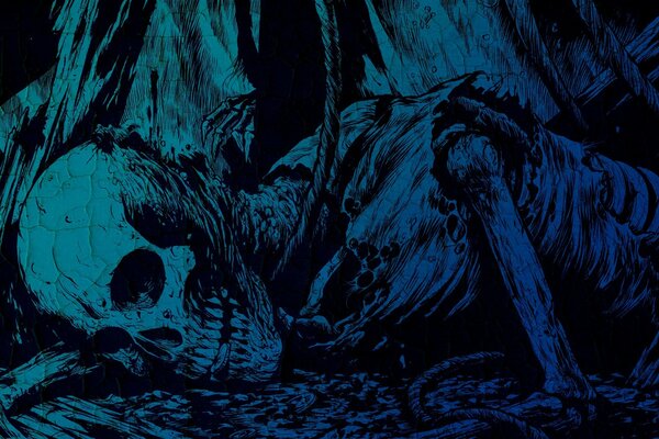 Dark blue drawing with a skull and skeleton