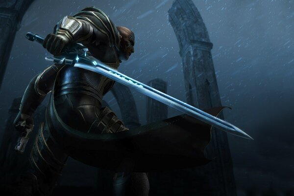 A warrior with a sword attacks a building