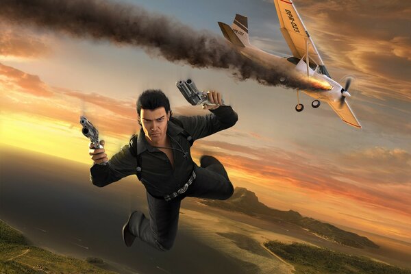 A man with a gun jumped out of a burning plane