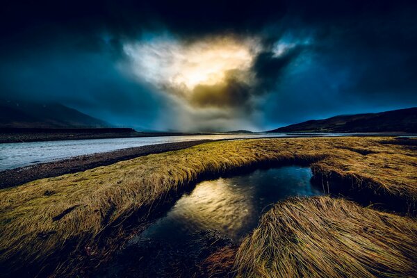 Night river and thick clouds