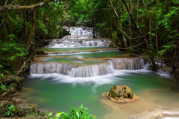 Cascading waterfall in the wild jungle