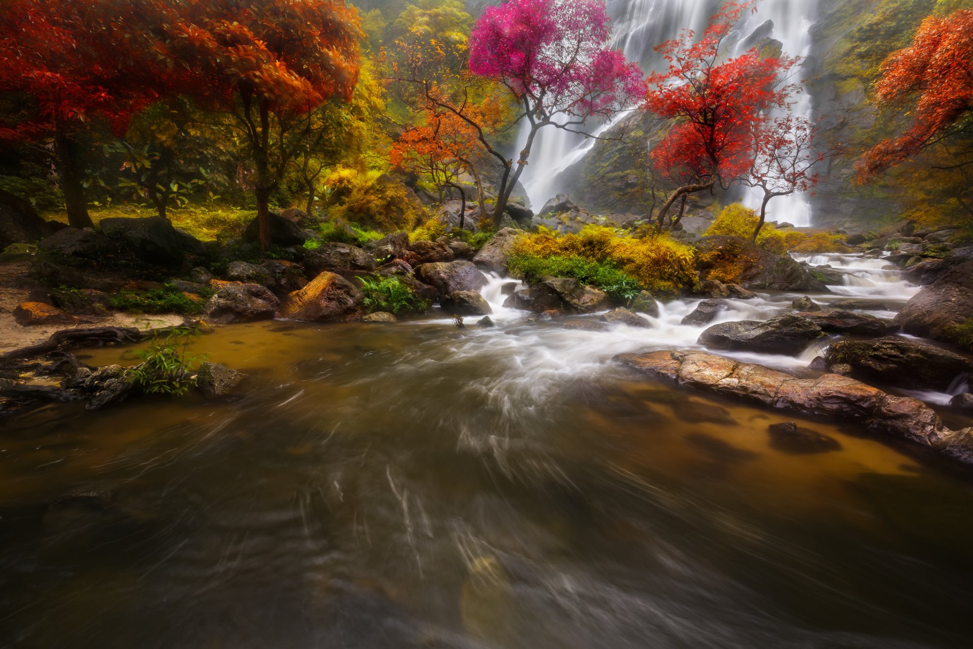 rock waterfall forest river stones tree autumn
