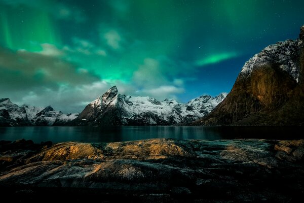 In Norway at night in the mountains the northern lights