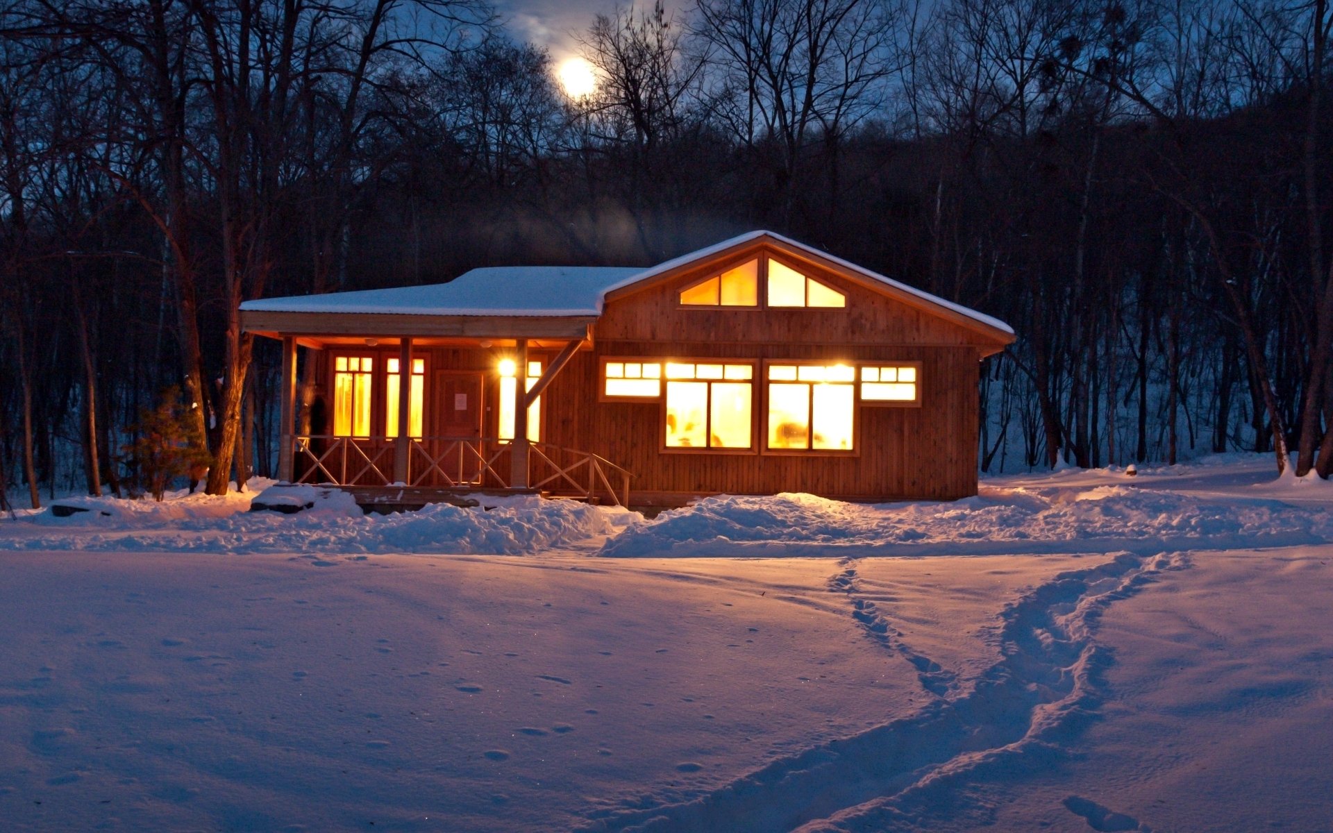 nature winter snow house house light footprints trees evening sky winter background wallpaper widescreen fullscreen widescreen widescreen