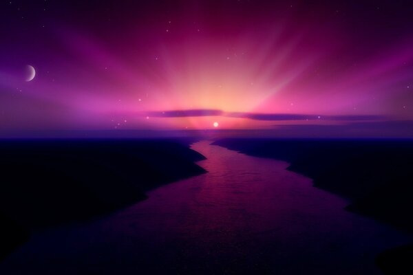 Landscape with sunset sky over the river