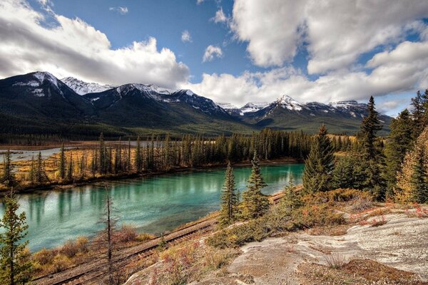 The river between the firs and the mountains
