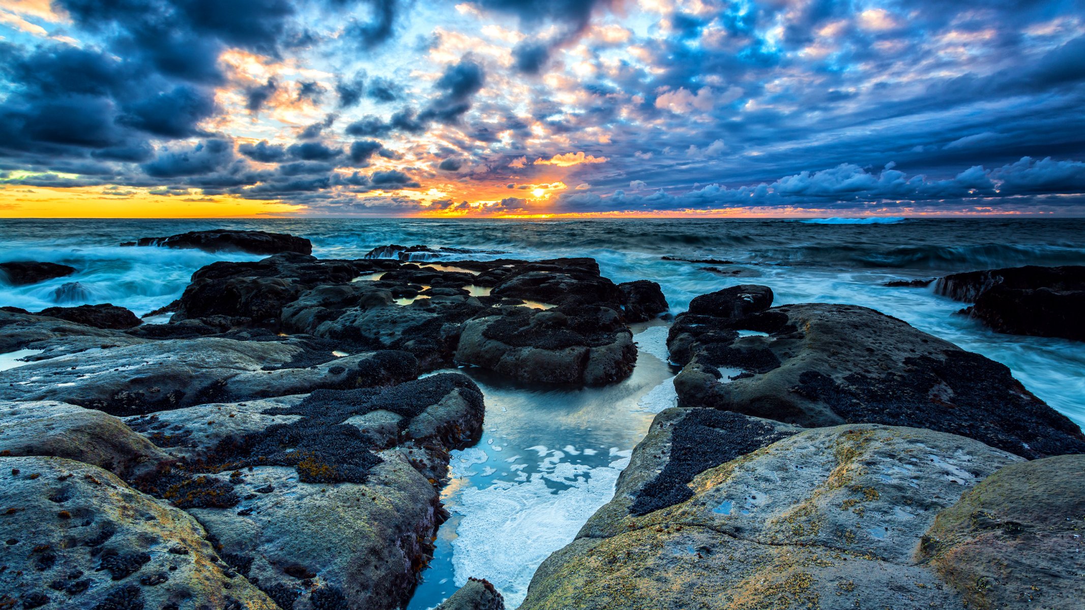 ky clouds sunset sea stones rock