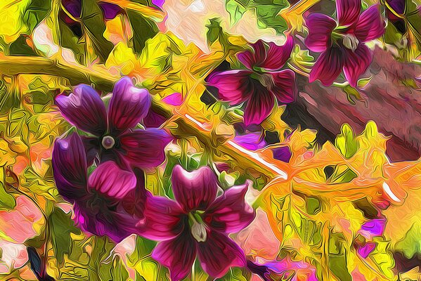Bright pink flowers on a background of dense greenery