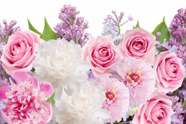 Colorful carousel with peonies, roses and lilacs on a white background