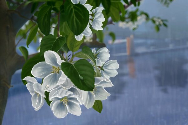 Art drawing of white flowers on a tree