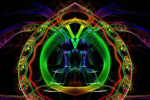 Neon symmetrical patterns on a black background