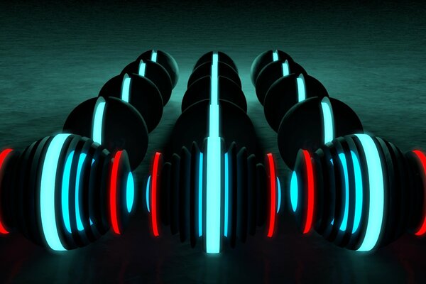 Neon balls of black color open into blue and red