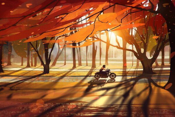 Drawing a motorcyclist rides through an autumn forest