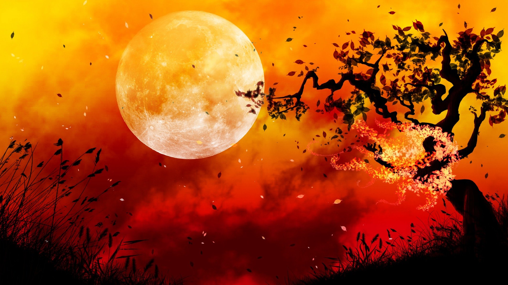 painting art landscape sunset sky tree