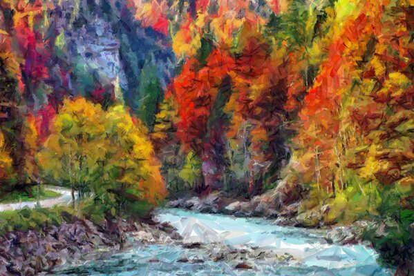 Trees painted with variegated colors of autumn, and bubbling water