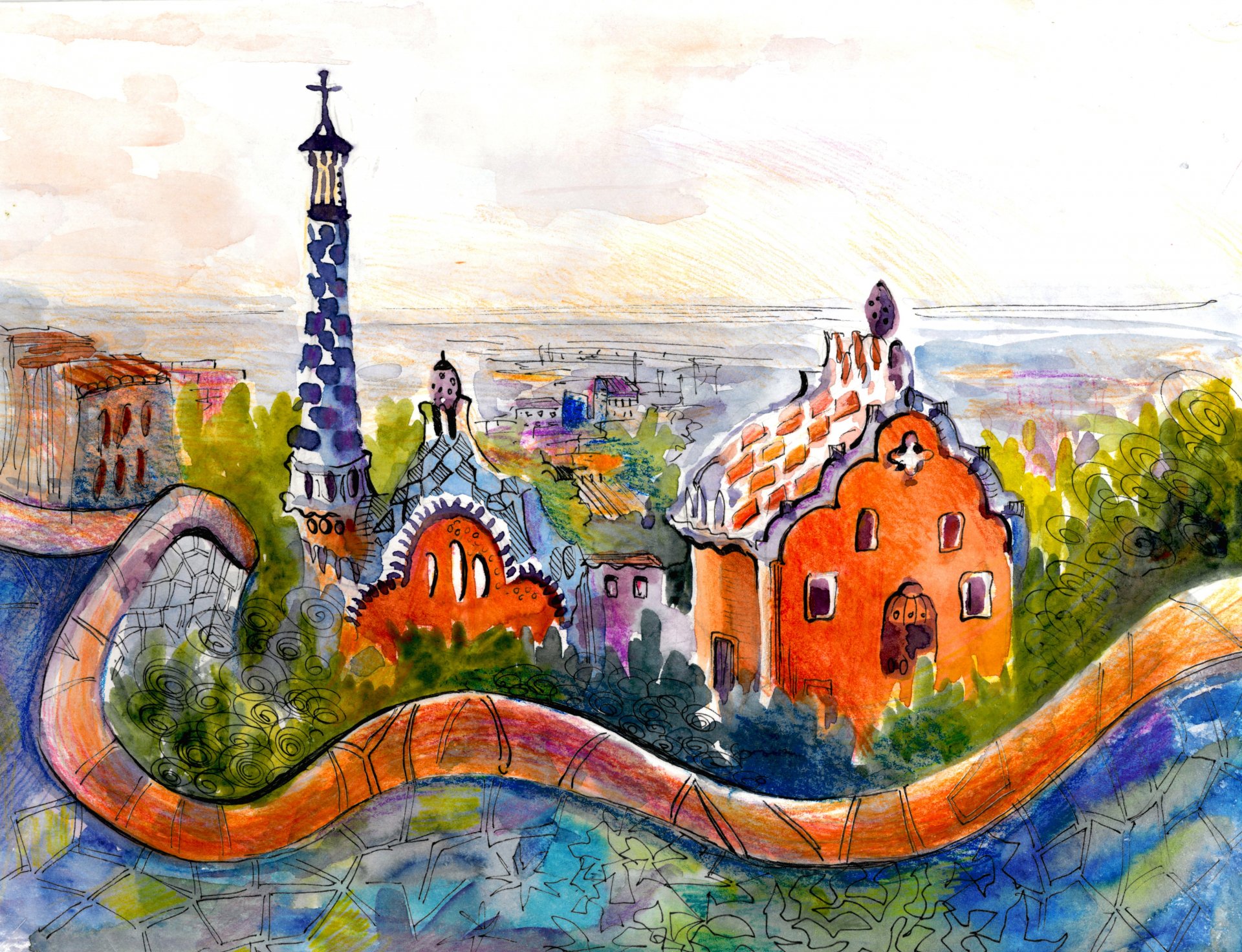 watercolor house roof town
