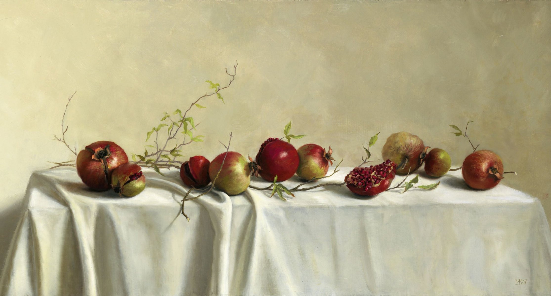 pattern still life art mary kay west table tablecloth fruits grenade branches leave
