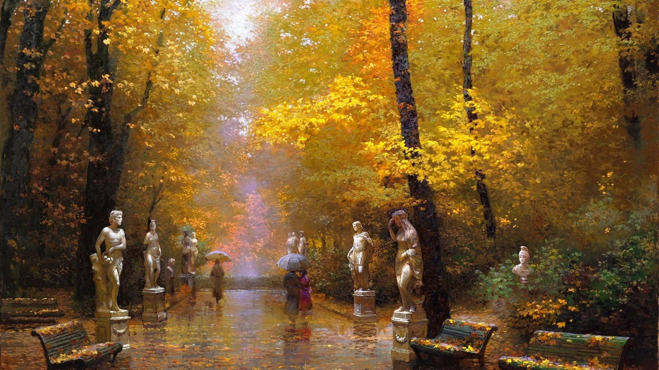 park sculpture benches track fallen leaves people umbrellas rain autumn