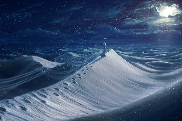 The desert at night, everything is flooded with blue moonlight, a girl in a dress climbs the dunes, closer to the sky