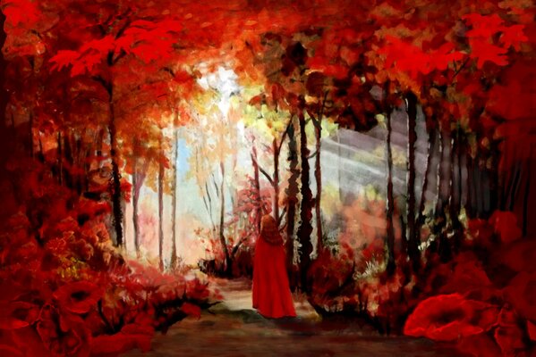 A girl in a raincoat in the red forest