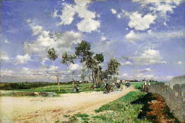 A painting by Giovanni Boldini. Horses are walking along a country road