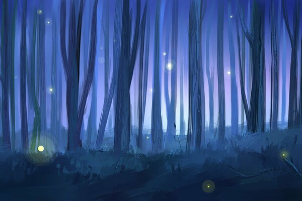 Dark forest art with fireflies