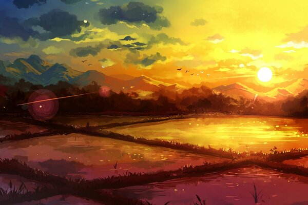 Painted art sunset among nature and mountains