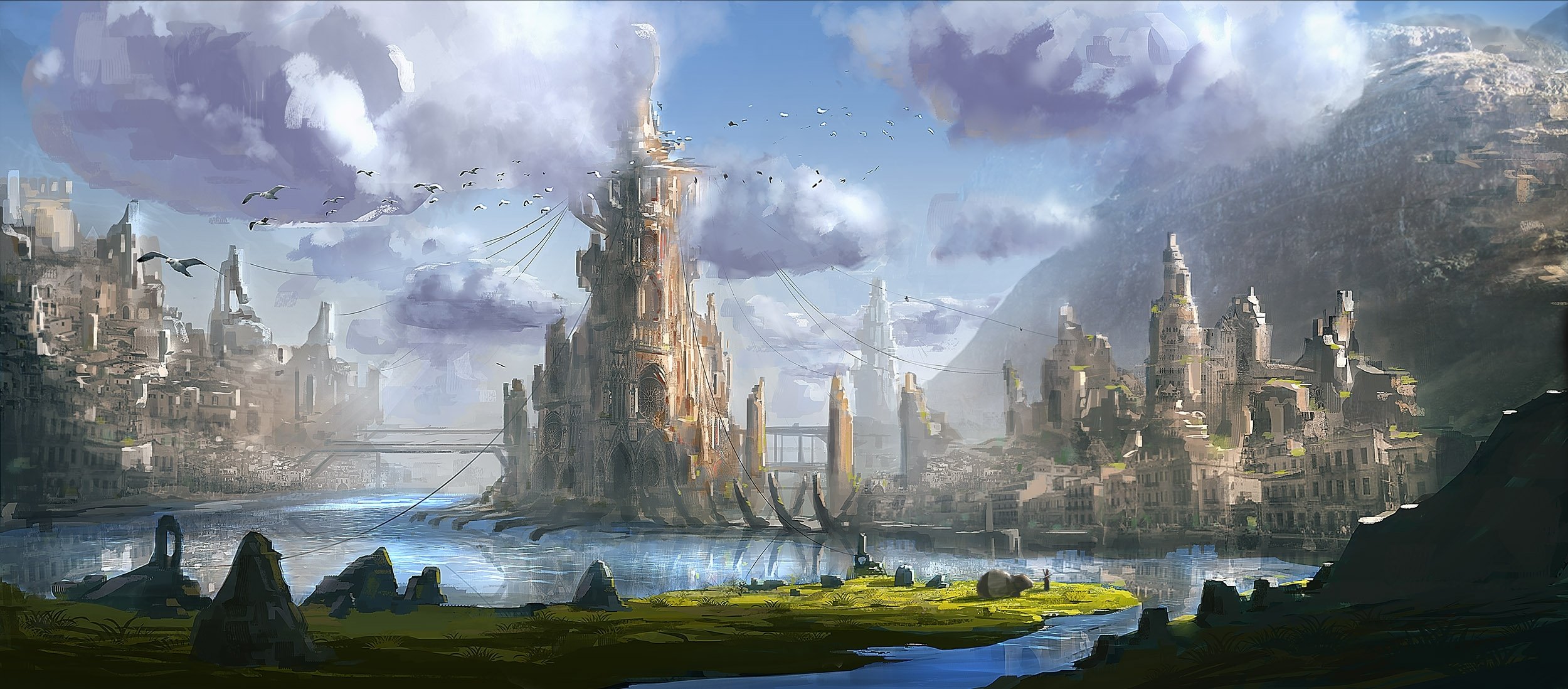 art town fantasy world water mountain bridge tower