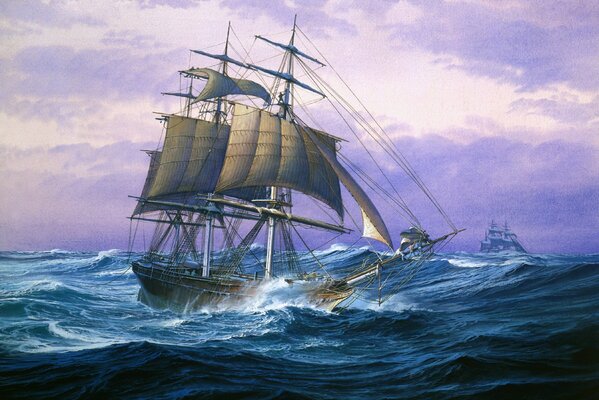 Three-masted ships caught in a storm