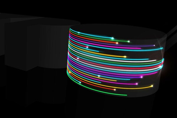 Bright neon rays flow around the dark figure