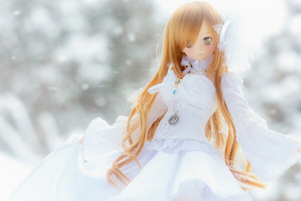 Picture of a doll in a white dress on a winter background
