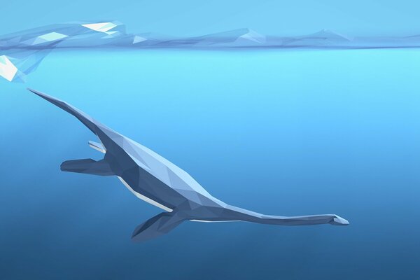 Geometric image of a floating dinosaur. Drawing. Blue background