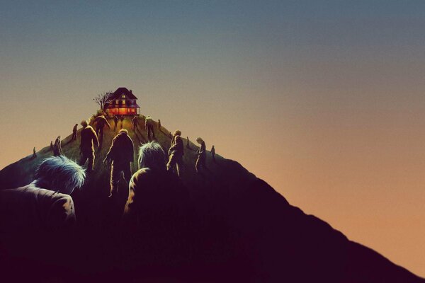 Drawing of a mountain on which people walk to the lights