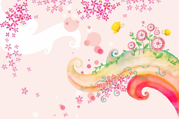 Pink wallpaper with swirls butterflies and flowers
