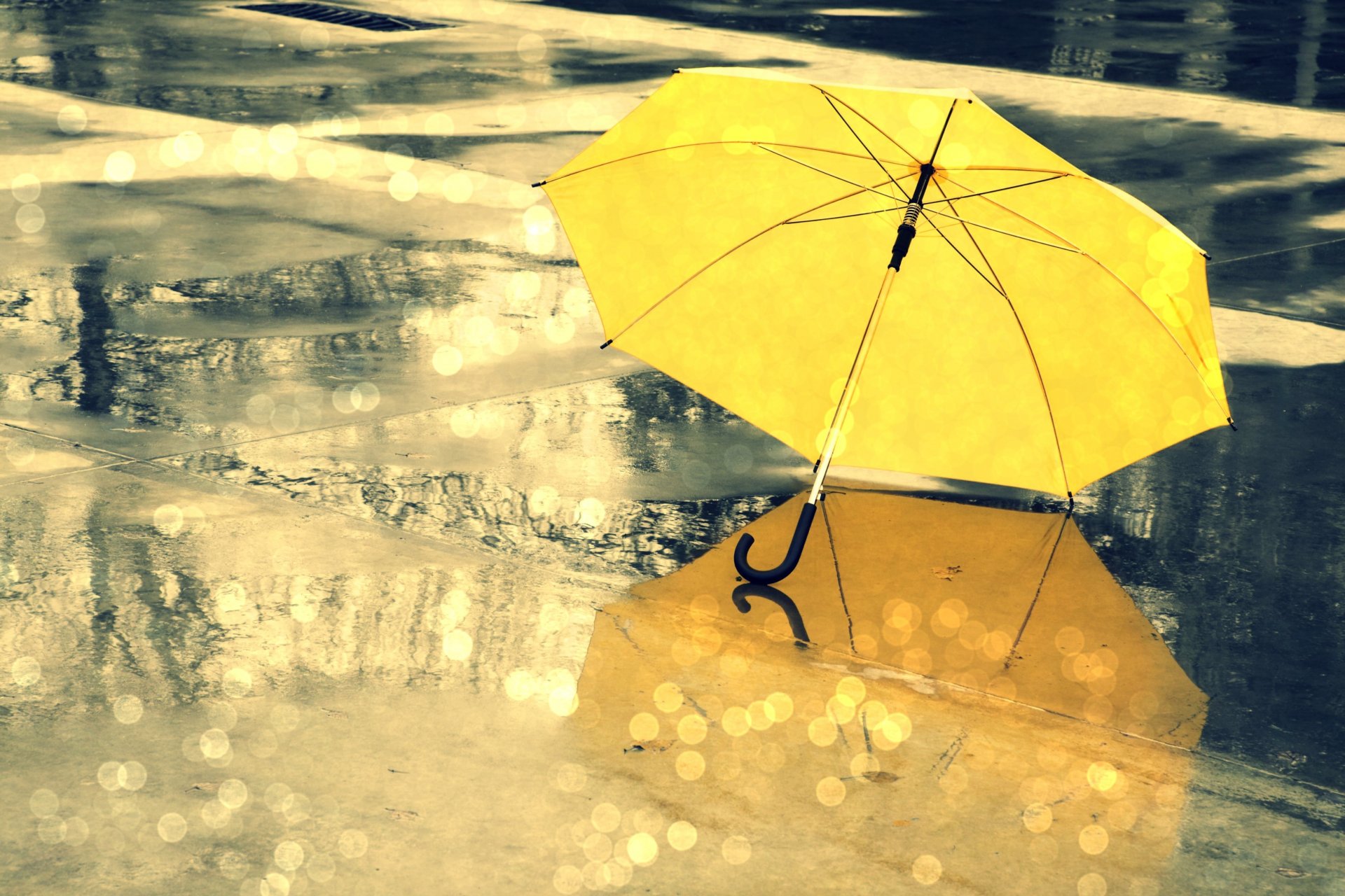 miscellaneous umbrella umbrella yellow rain water drops wet reflection glare background widescreen fullscreen widescreen wallpaper