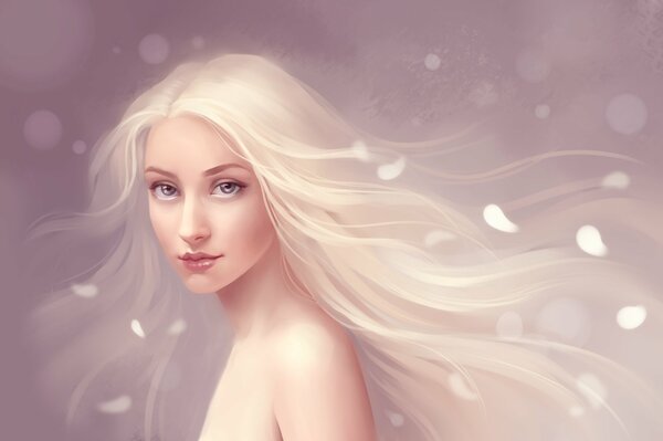 A girl with white hair and flower petals