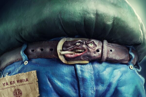 Plasticine belt and jeans with a belly