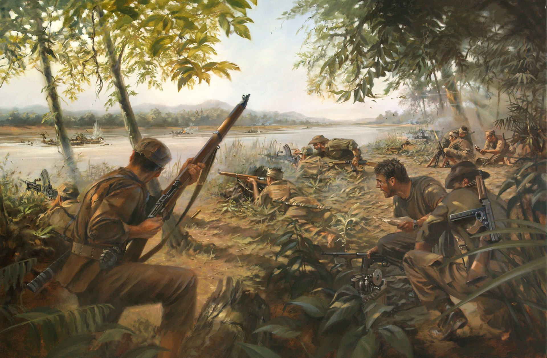 the story behind the painting war men weapon art