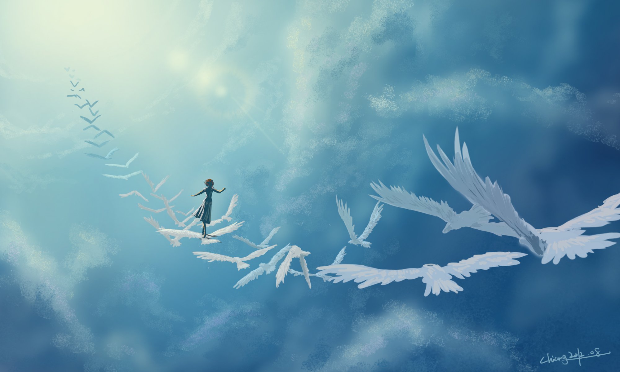 art in the sky birds girl fantasy cloud