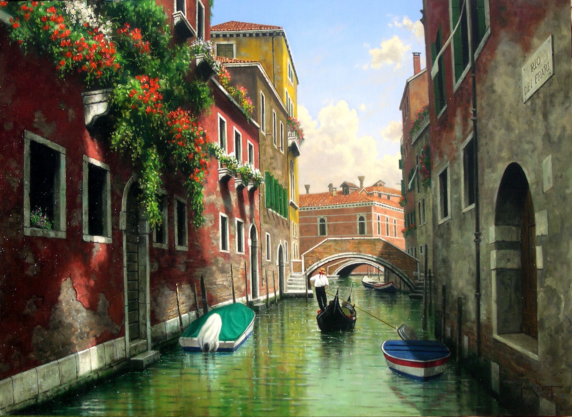 pattern mark pettit venice italy channel house window bridge gondola boat balconies flower water