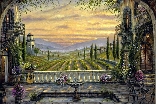 Painting courtyard and village balcony with guitar