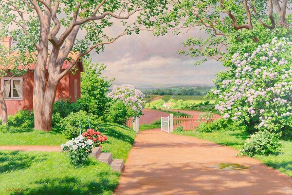 Landscape painting depicting a house and a beautiful garden