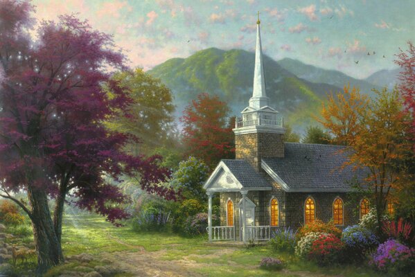 Art of a house in the forest against the background of mountains and cloudy sky