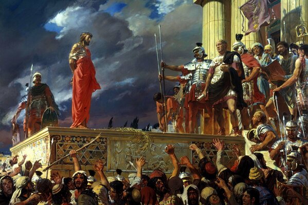 A crowd of people watching Jesus in red