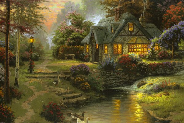 Thomas Kincaid s Painting at Sunset