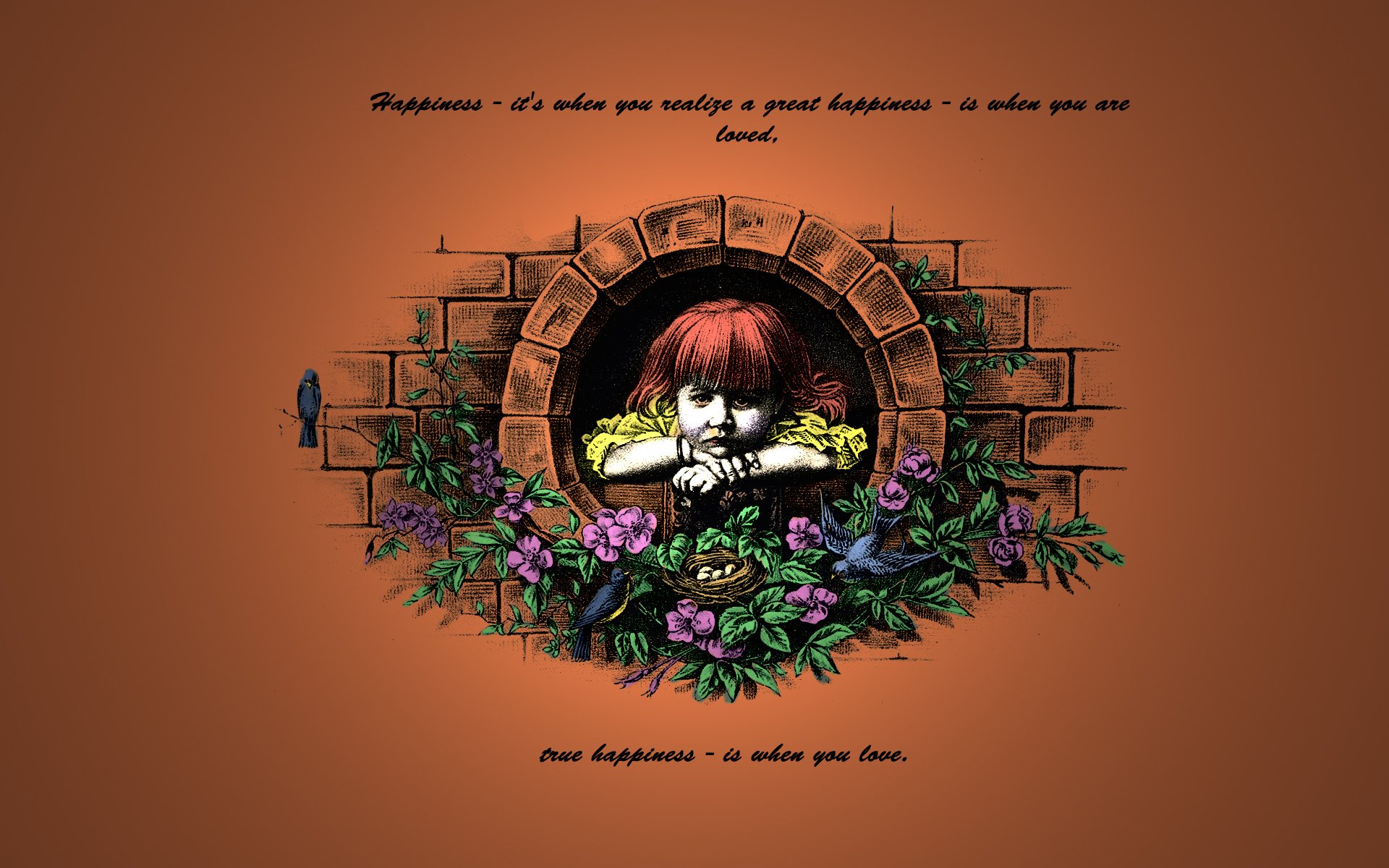 girl red birds flower word