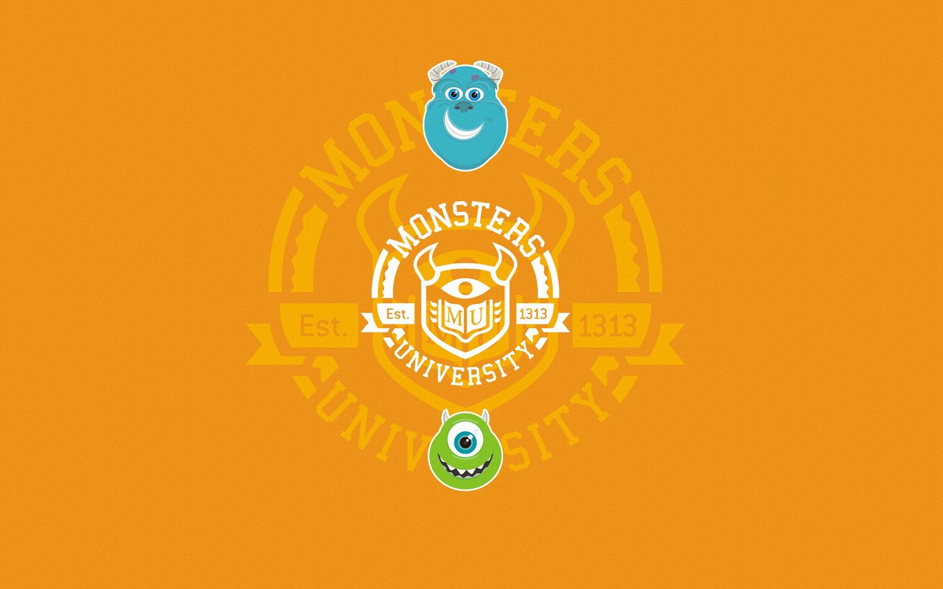 monsters university monsters corporation monsters inc circle inscription faces blue green orange background minimalism