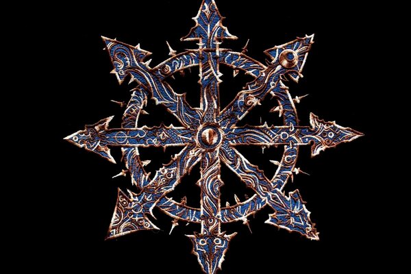 A branchy blue sign with a copper painting of eight arrows
