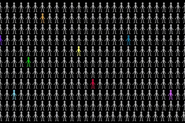 Several colored figures of people among white figures